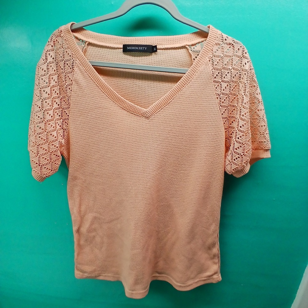 MEROKEETY Waffle Knit Top Medium Peach Crochet Lace Sleeve Boho V-Neck Blouse
